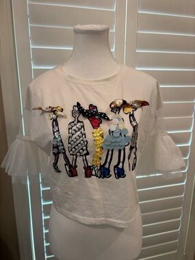 Sequin Pearl Top With Tulle Arms White Embellished Fashion Graphic Tee